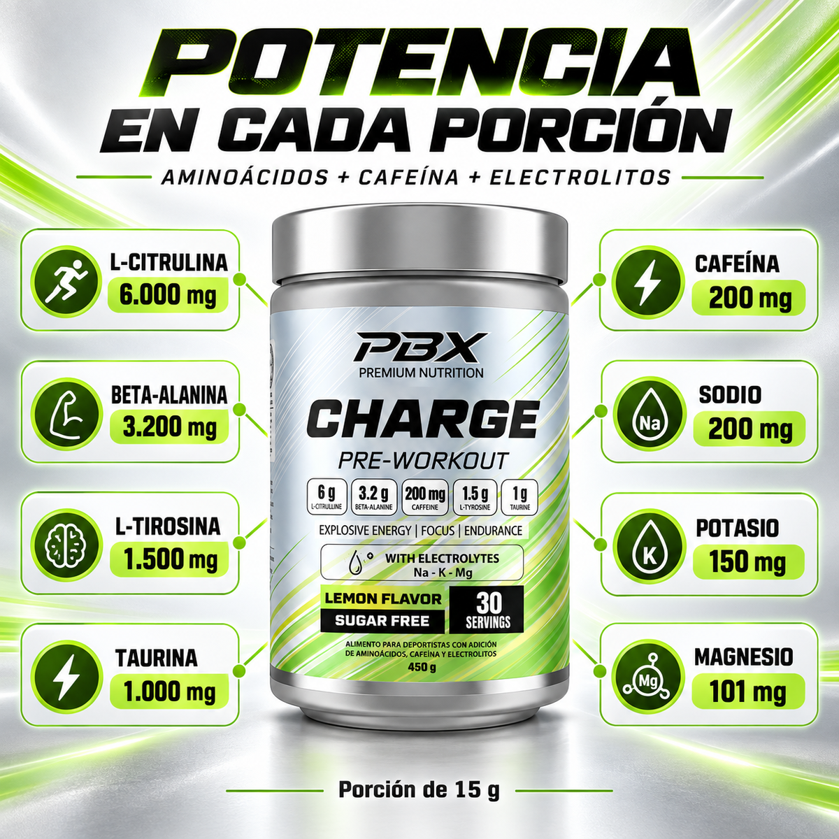 Pre Entreno PBX Charge Limón 450 g - 30 Porciones